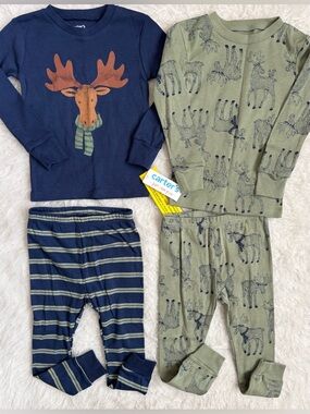 Carter's NWT Set of 2 Toddler Boy Navy & Olive Moose Pajama Sets